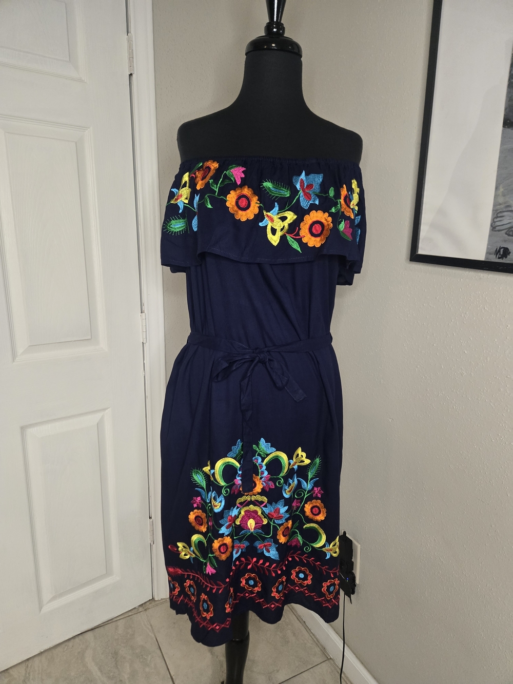 Navy Off The Shoulder Embroidered Summer Dress